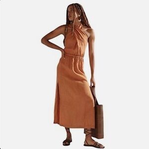 Anthropology Cloth & Stone 100% linen halter maxi dress size XS rust orange
